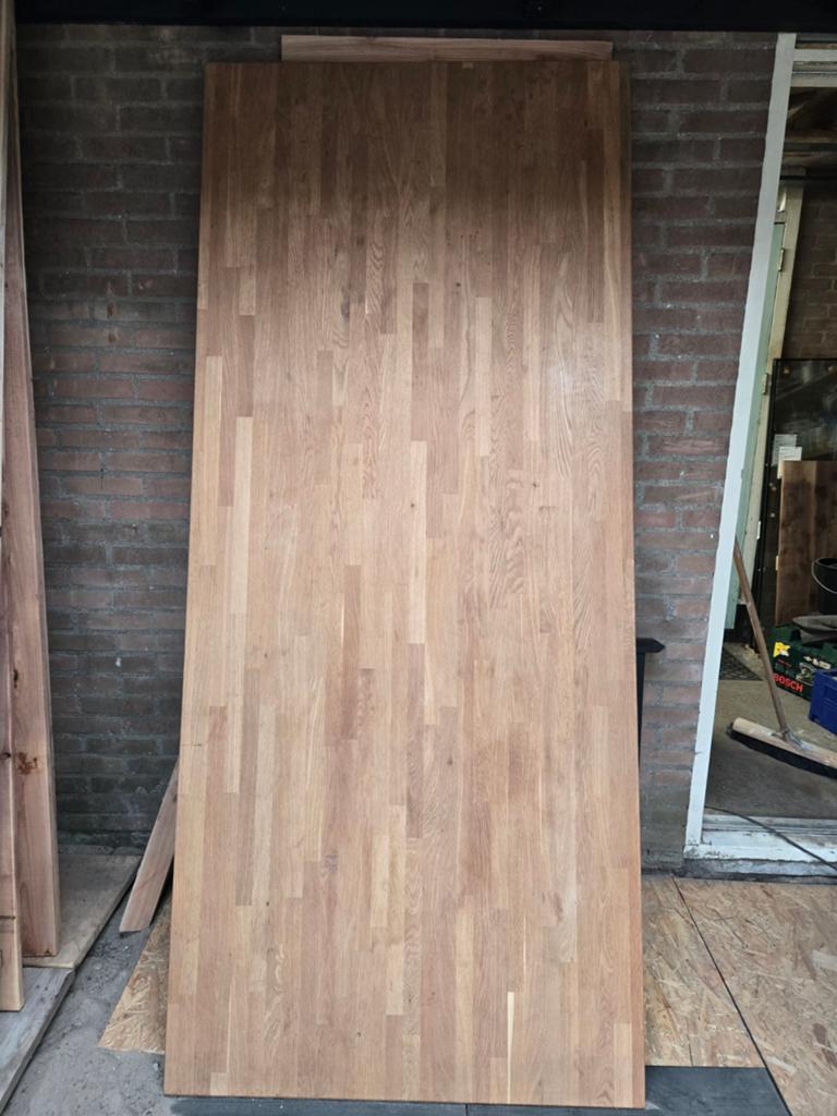 Massief eiken tafelblad met stalen poten, Huis en Inrichting, Tafelonderdelen, Ophalen, Gebruikt, Modern, Industrieel, 200 cm of meer