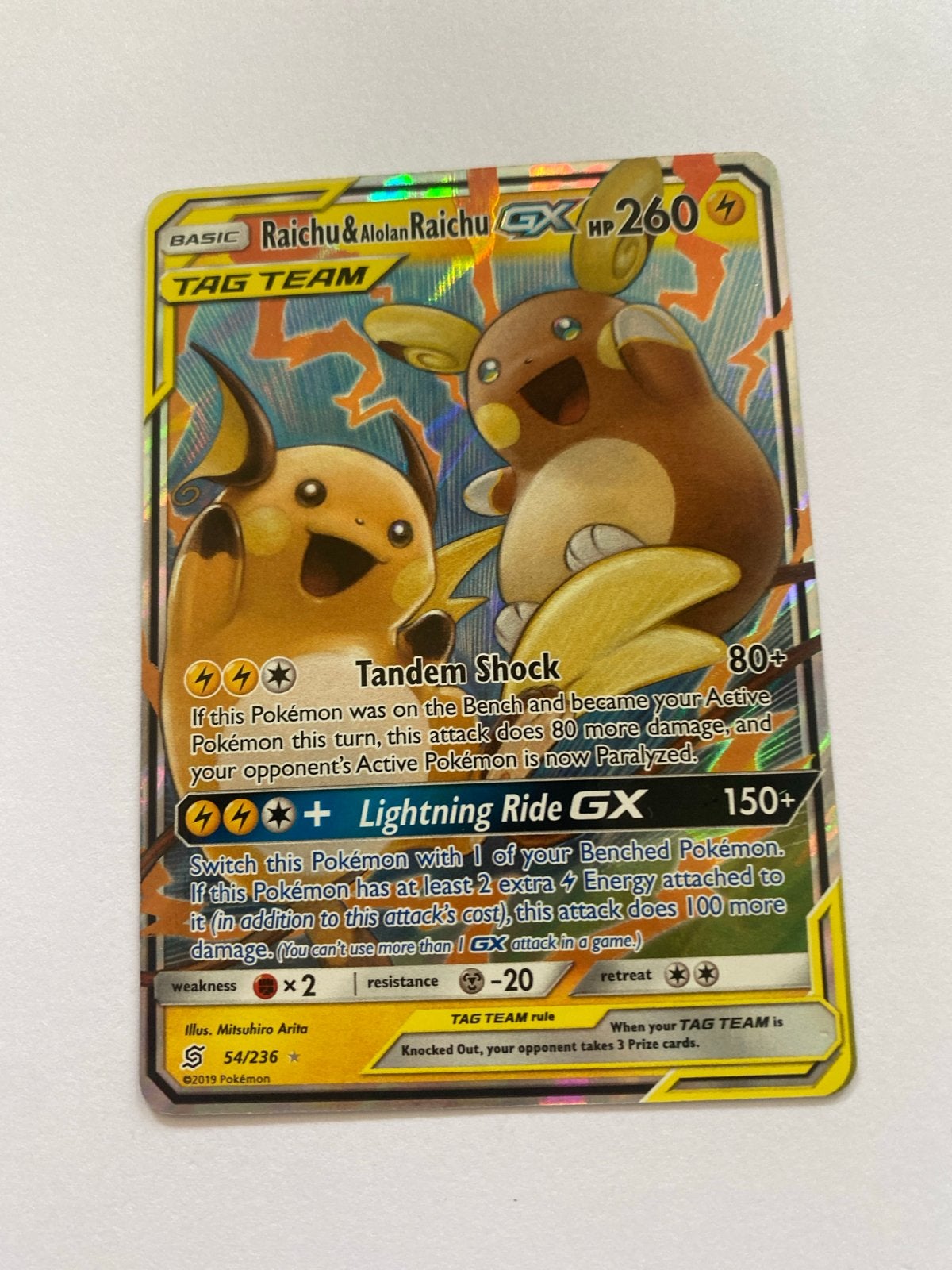 Raichu & Alolan Raichu GX Pokémon Kaart (54/236), Ophalen of Verzenden, Zo goed als nieuw, Losse kaart