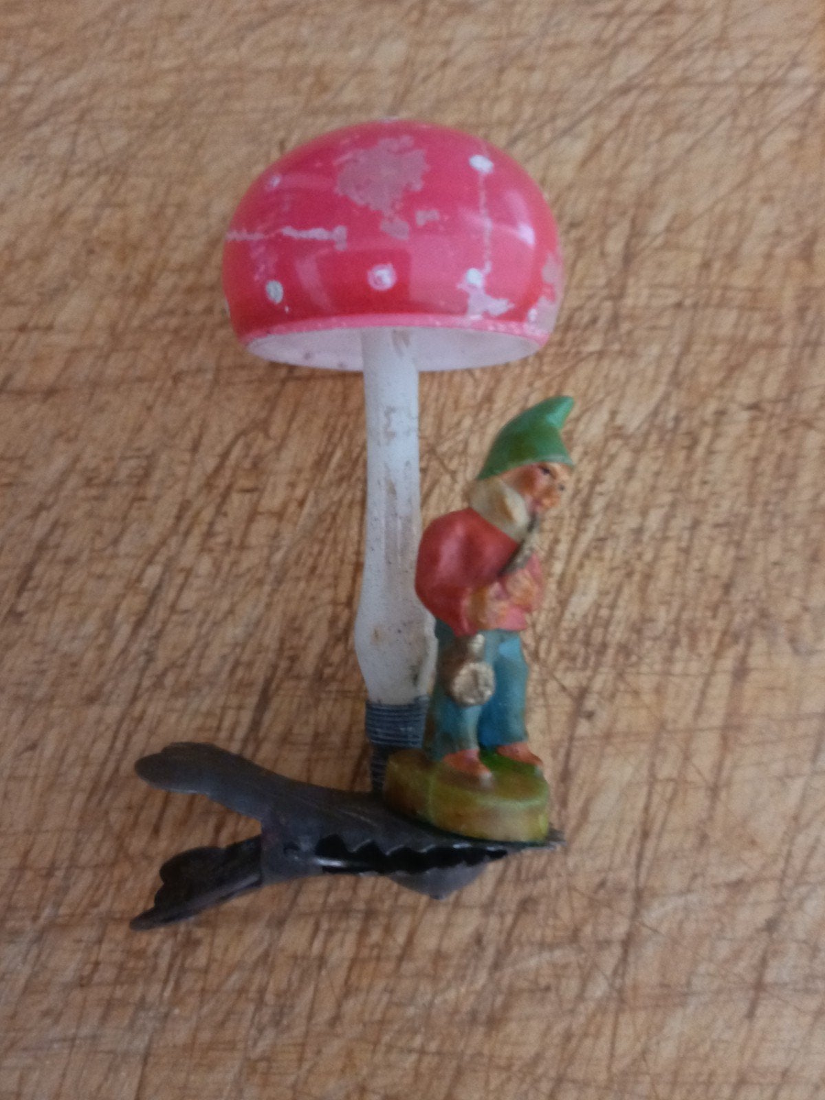 Antieke Kerstbal ornament Kabouter en Paddenstoel op clip, Verzenden