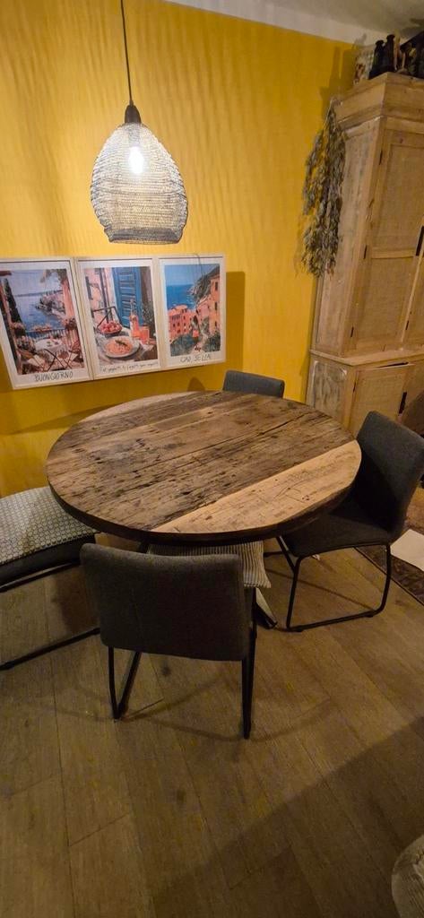 Robuuste ronde eettafel echt hout 120cm, Huis en Inrichting, Tafels | Eettafels, Overige houtsoorten, Industrieel, robuust, landelijk