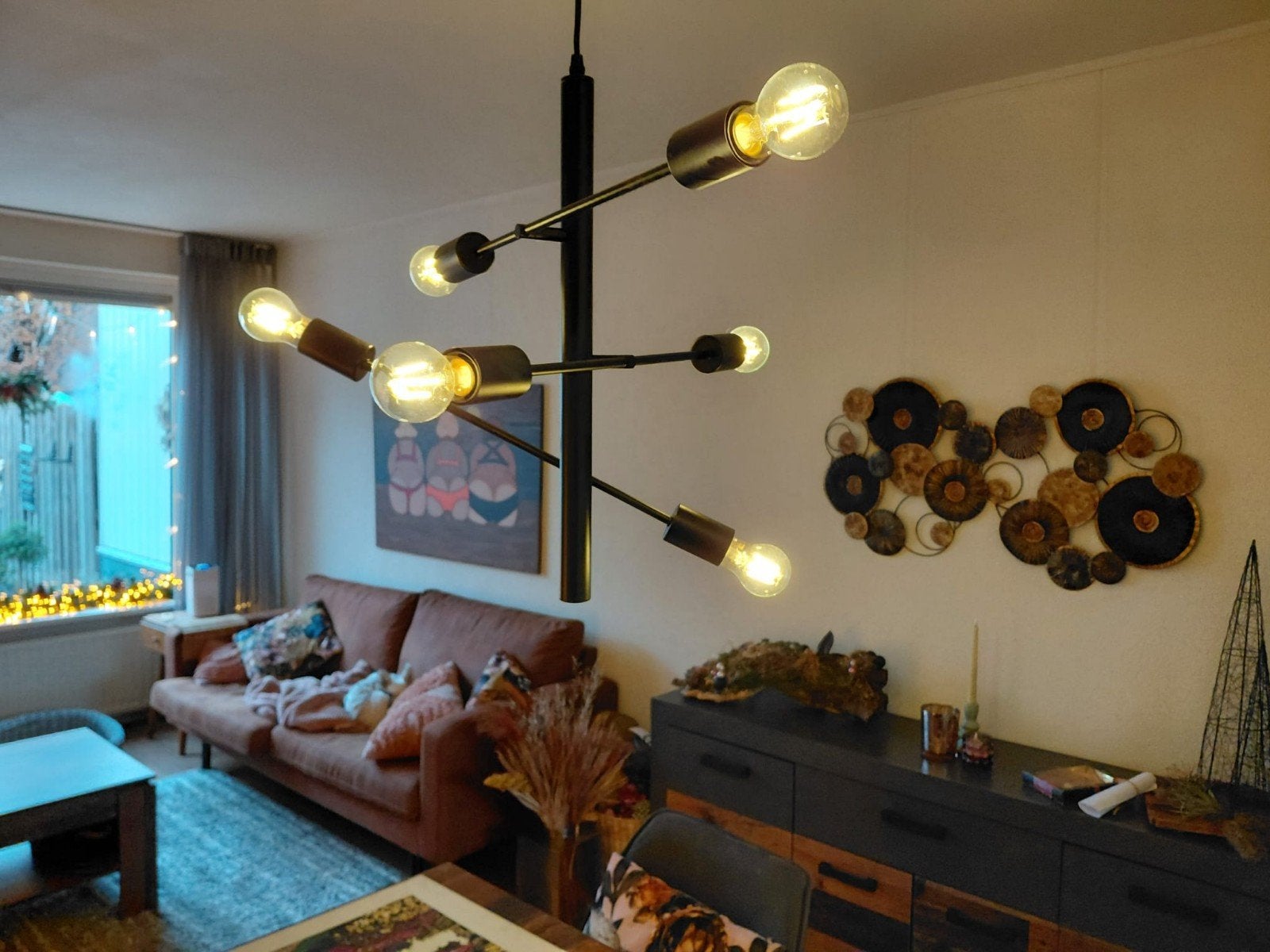 Industriële hanglamp met 6 dimbare lampen, Huis en Inrichting, Ophalen, Gebruikt, E27 (groot), Metaal