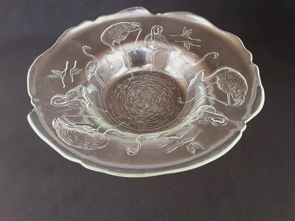 Franse Vintage Grote glazen Schaal - Flamingo's Art Deco, Antiek en Kunst, Ophalen