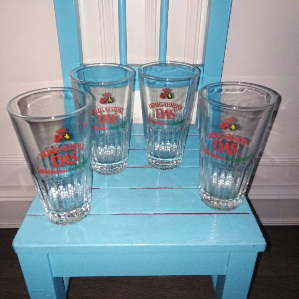 Hougaerdse Das bierglazen met logo gatverpielekes 4 stuks, Ophalen, Gebruikt, Glas of Glazen, Overige merken