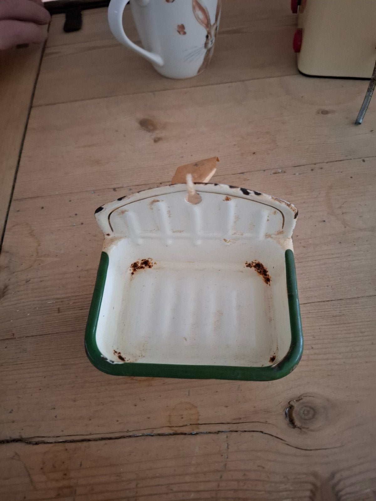 Vintage geëmailleerde zeepbakje - wit met groene rand, Ophalen of Verzenden