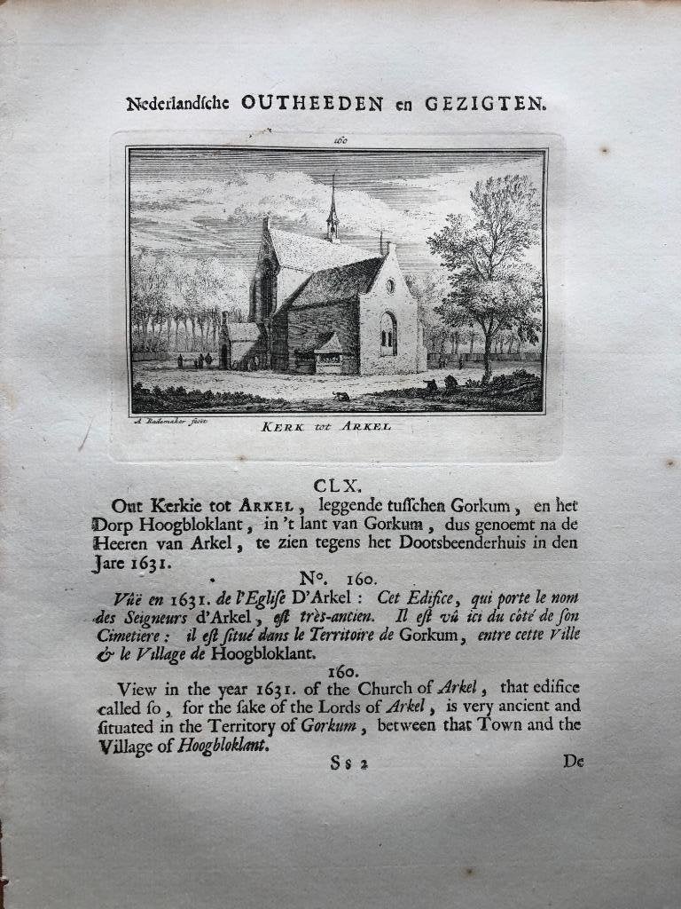160 / Arkel de Kerk Kopergravure 1732, Ophalen of Verzenden