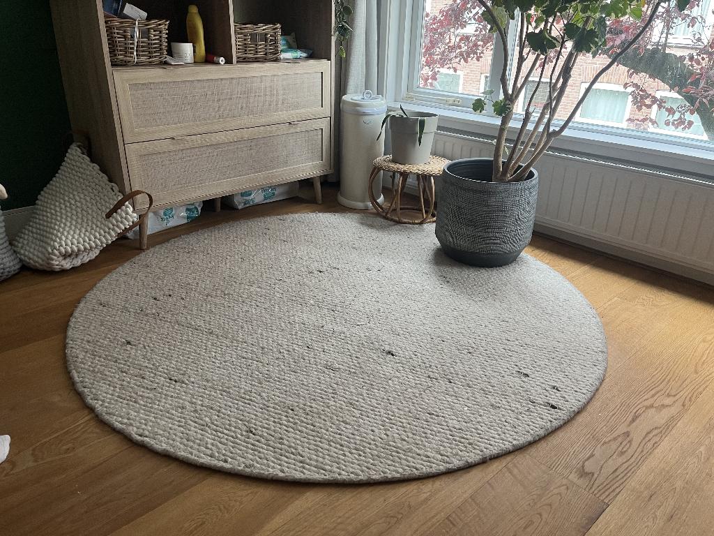 Rond wollen vloerkleed - Feline Wit/Gemeleerd - 140 cm, Ophalen, Gebruikt, Rond, Crème