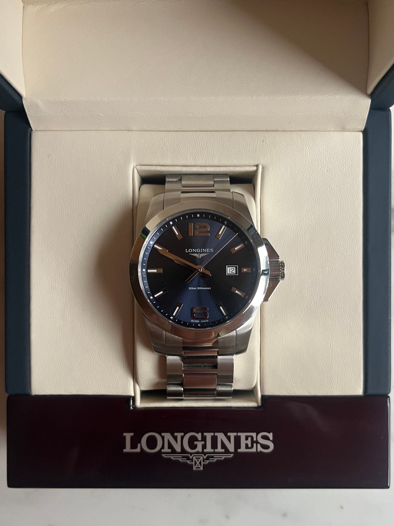 Longines Conquest 43 mm – blauw, Ophalen, Zo goed als nieuw, Staal, Overige merken