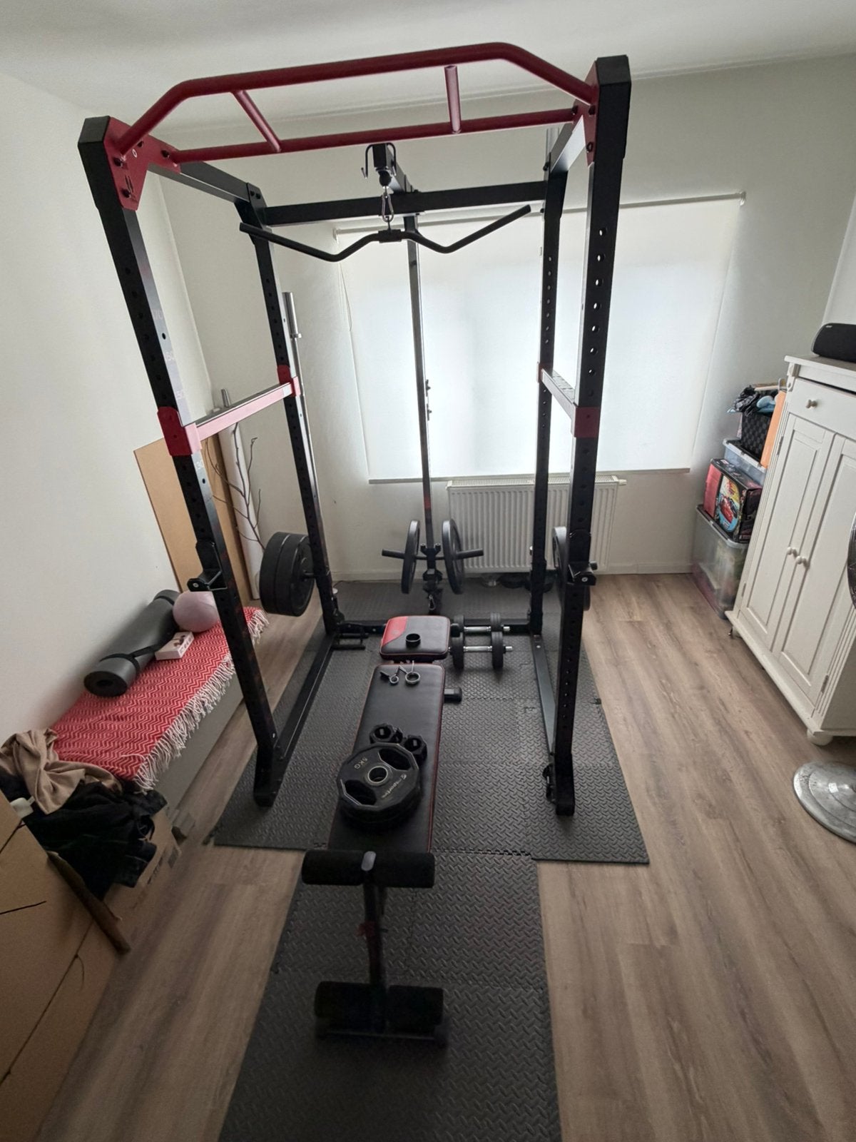 Decathlon Power Cage + 130kg Olympische Halterset + Bank, Ophalen, Zo goed als nieuw, Krachtstation