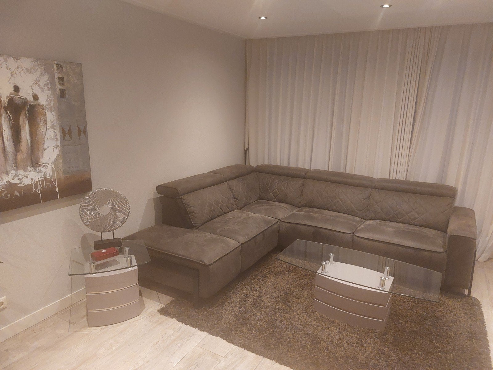Salontafel en bijzettafel set - Glas en beige, Ophalen, Gebruikt, 50 tot 100 cm, 50 tot 100 cm