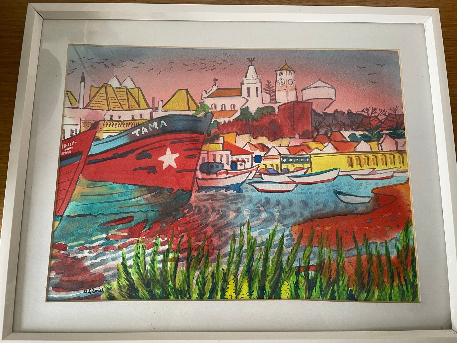 Vrolijk Portugees Schilderij in Lijst - 46 x 36 cm, Maritiem / water, Expressionistisch, Ophalen of Verzenden, Aquarel