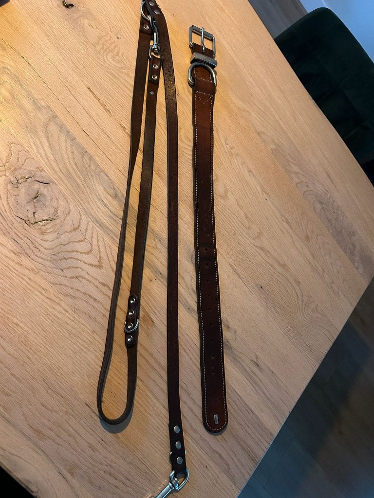Cognac leren halsband + riem Hunter, Dieren en Toebehoren, Ophalen of Verzenden, Gebruikt, Hondenriem