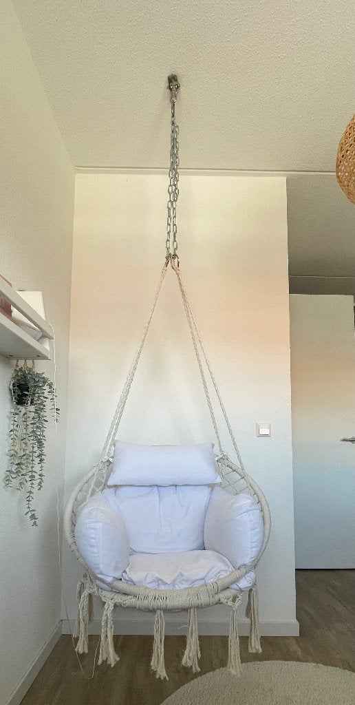 Hangstoel beige/wit met kussen en kettingkoord, Ophalen, Zo goed als nieuw, Metaal