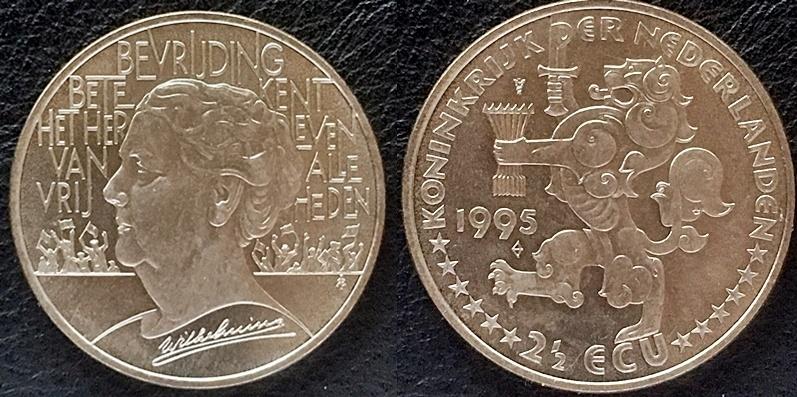 2,5 ecumunt 1995 Wilhelmina/Bevrijding  , Postzegels en Munten, Penningen en Medailles, Verzenden, Overige materialen, Nederland