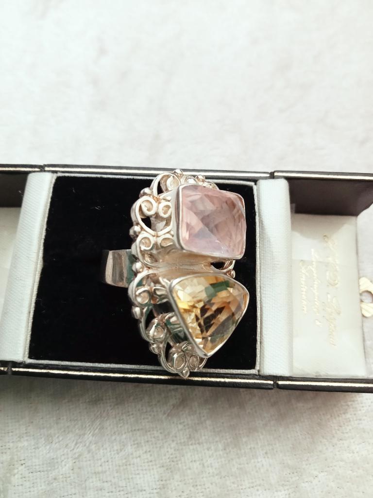 Mooie Lange Zilveren Ring -met Citrien en Rosekwarts, Verzenden, Zilver, Ring, Met edelsteen