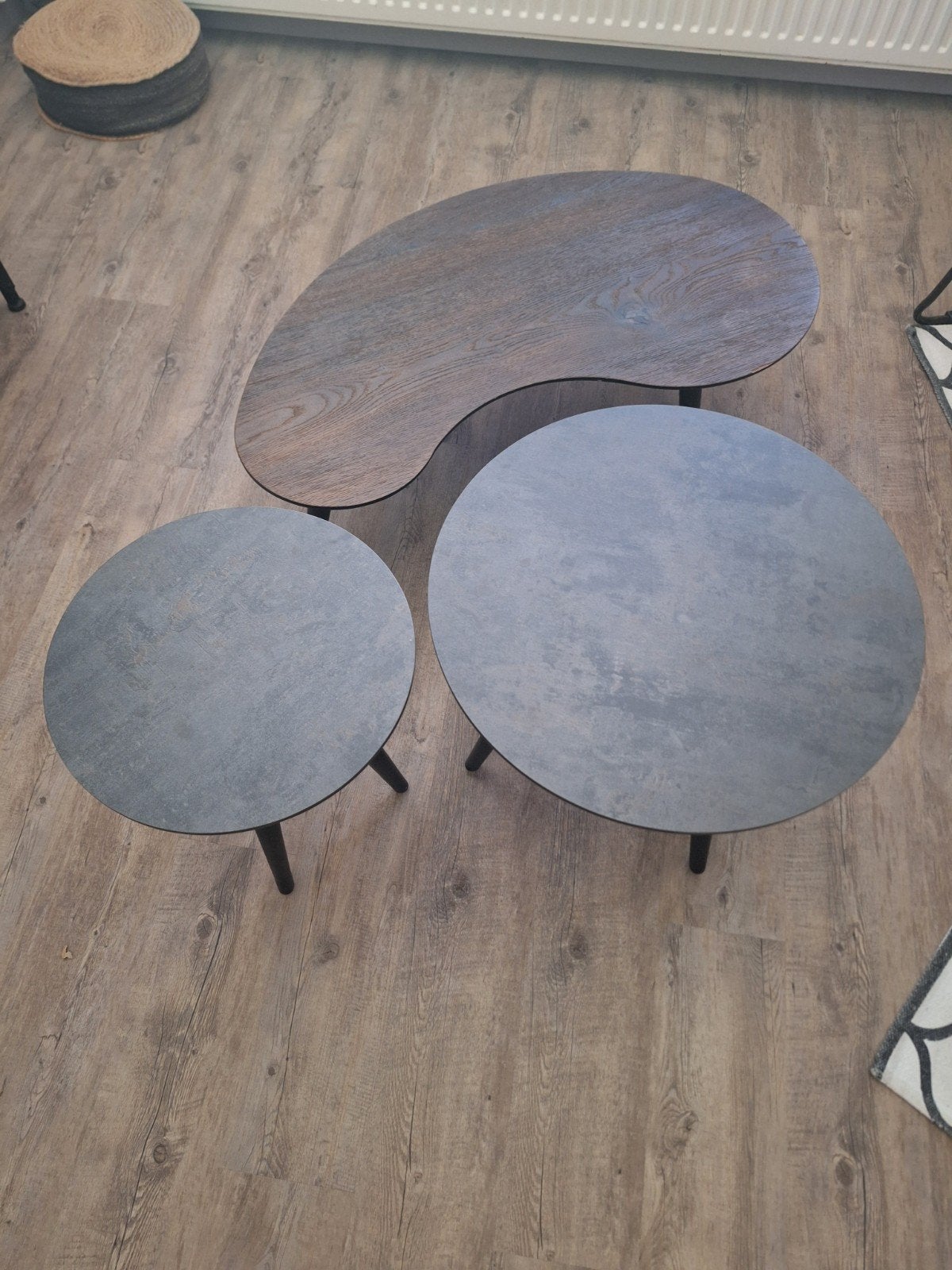 Set van 3 salontafels - Rond en nier-vormig, Huis en Inrichting, Tafels | Salontafels, Overige houtsoorten, Gebruikt, 50 tot 100 cm
