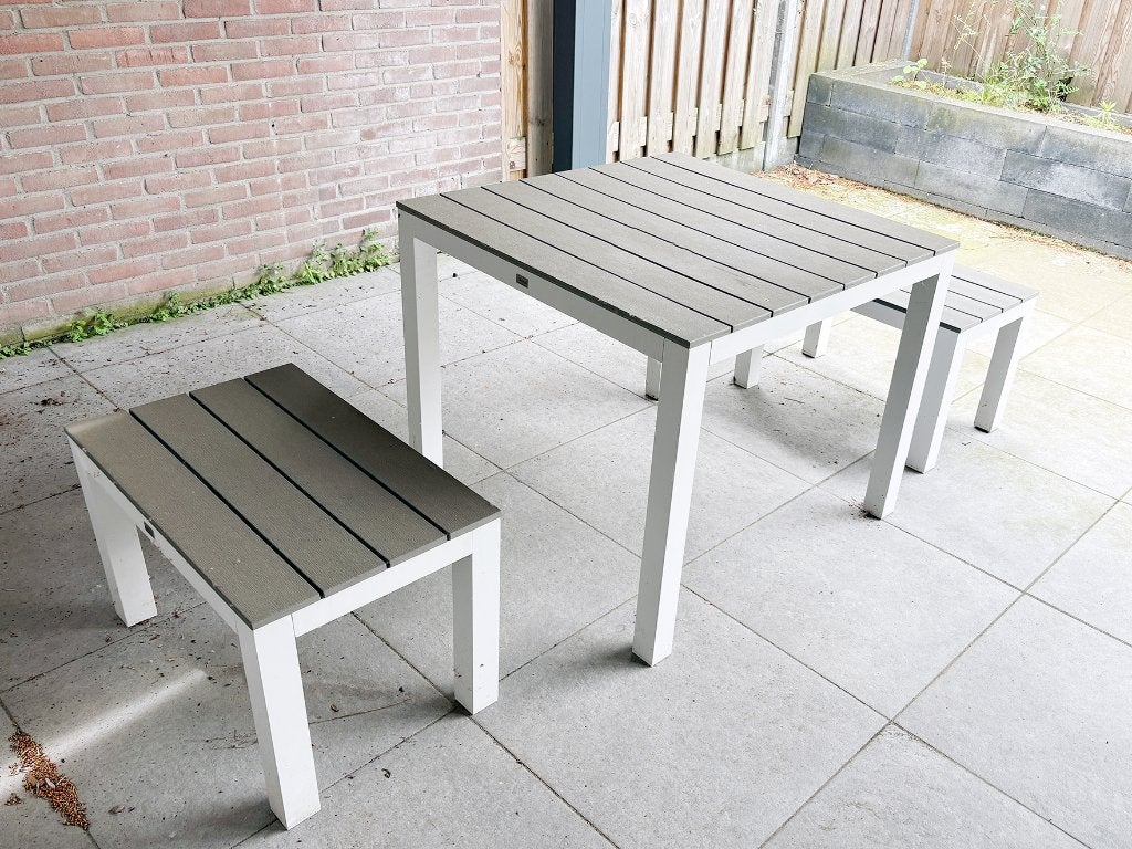 Bellagio Fidenza tuin- terrastafel + 2 bankjes, Ophalen of Verzenden, Zo goed als nieuw, Vierkant, Aluminium