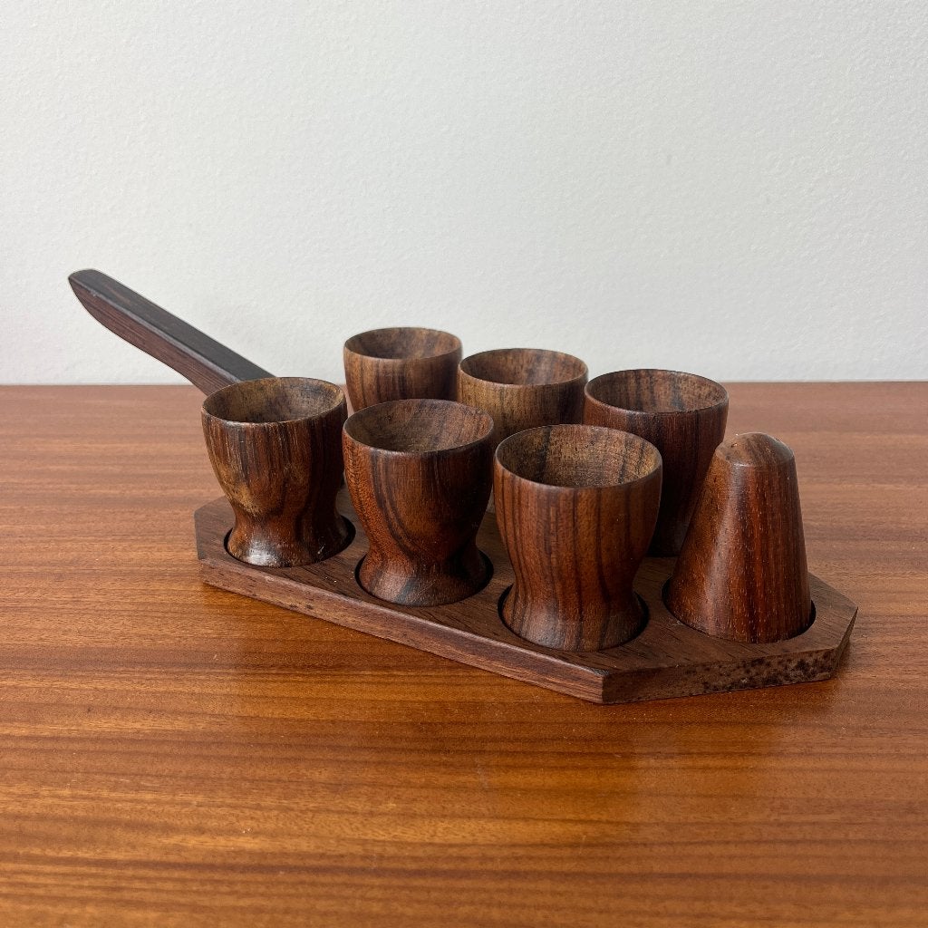 Jaren 50 60 teak en wengé eierdopjes en zoutvaatje, Verzamelen, Ophalen of Verzenden, Huis en Inrichting