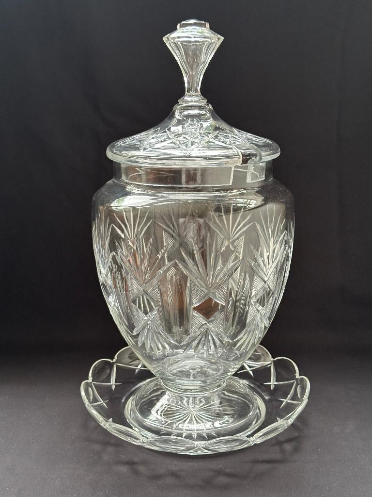Kristallen punch bowl met deksel en onderschotel, Ophalen of Verzenden