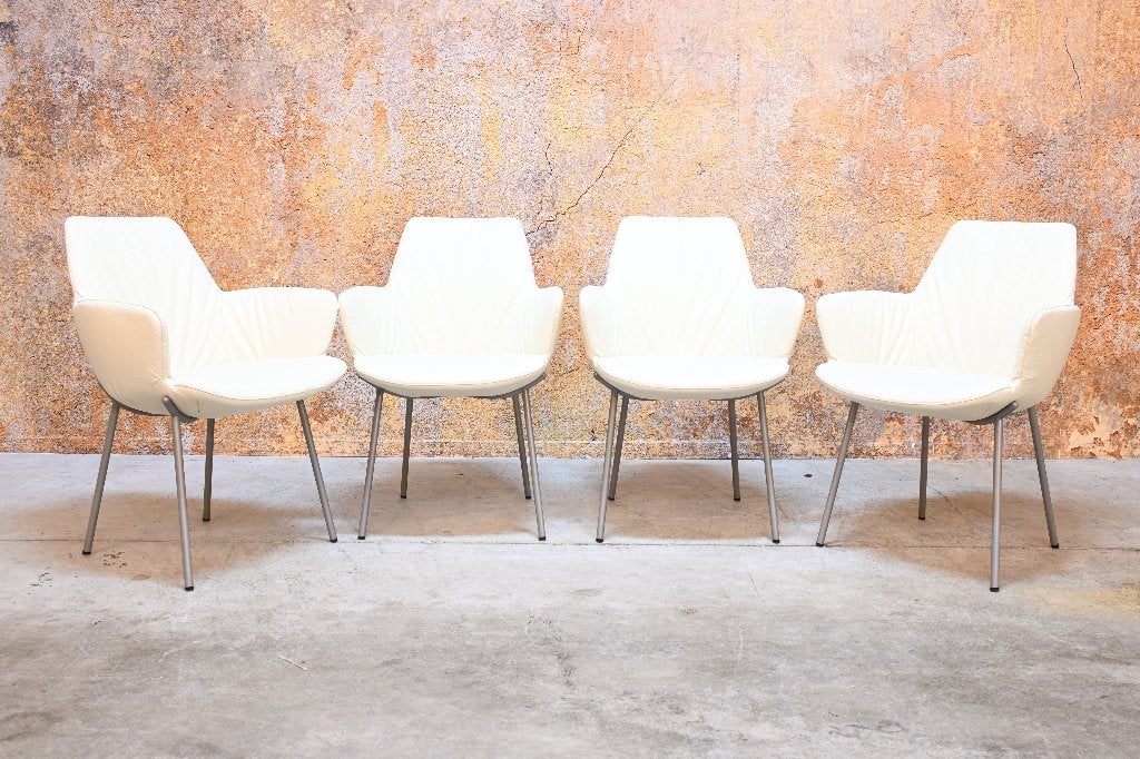 ZGAN 4 witte leren Bert Plantagie Maple designstoelen, Huis en Inrichting, Wit, Ophalen of Verzenden, Zo goed als nieuw, Vier