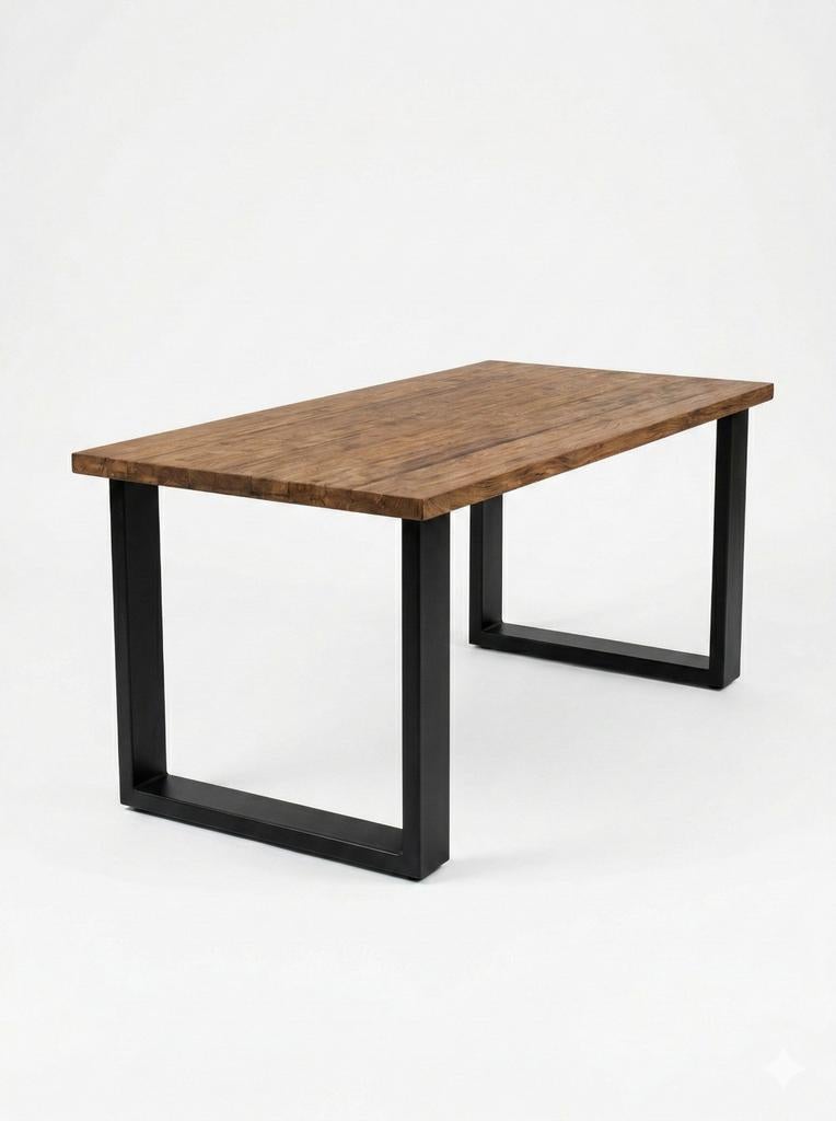 Teakhouten eettafel met metalen poten - 160x90, Ophalen, Teakhout, 50 tot 100 cm, Zo goed als nieuw