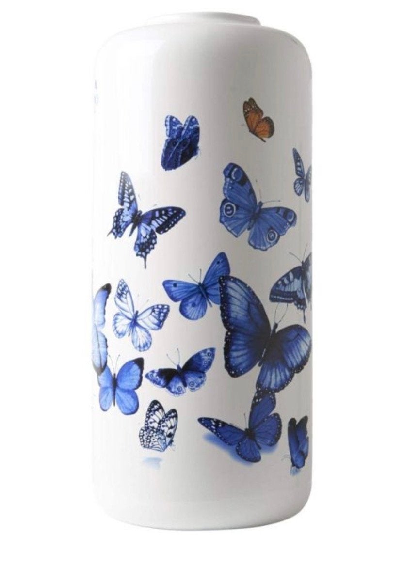 Heinen Delfts Blauw cilindervaas keramiek vlinders 14x31cm, Ophalen