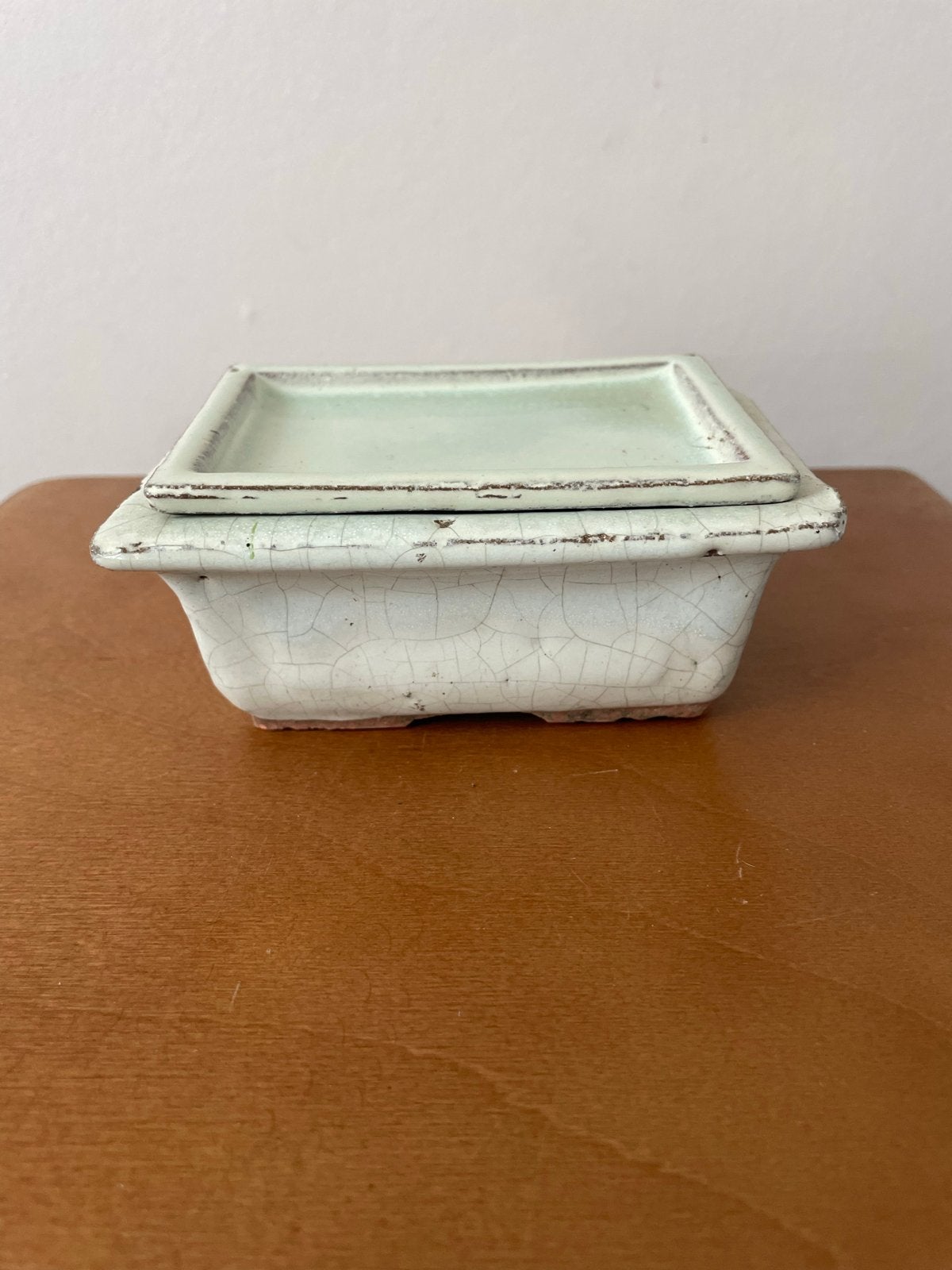 Vintage Bonsai Pot met Schotel - Gebarsten Glazuur, Tuin en Terras, Ophalen, Gebruikt, Binnen, Aardewerk