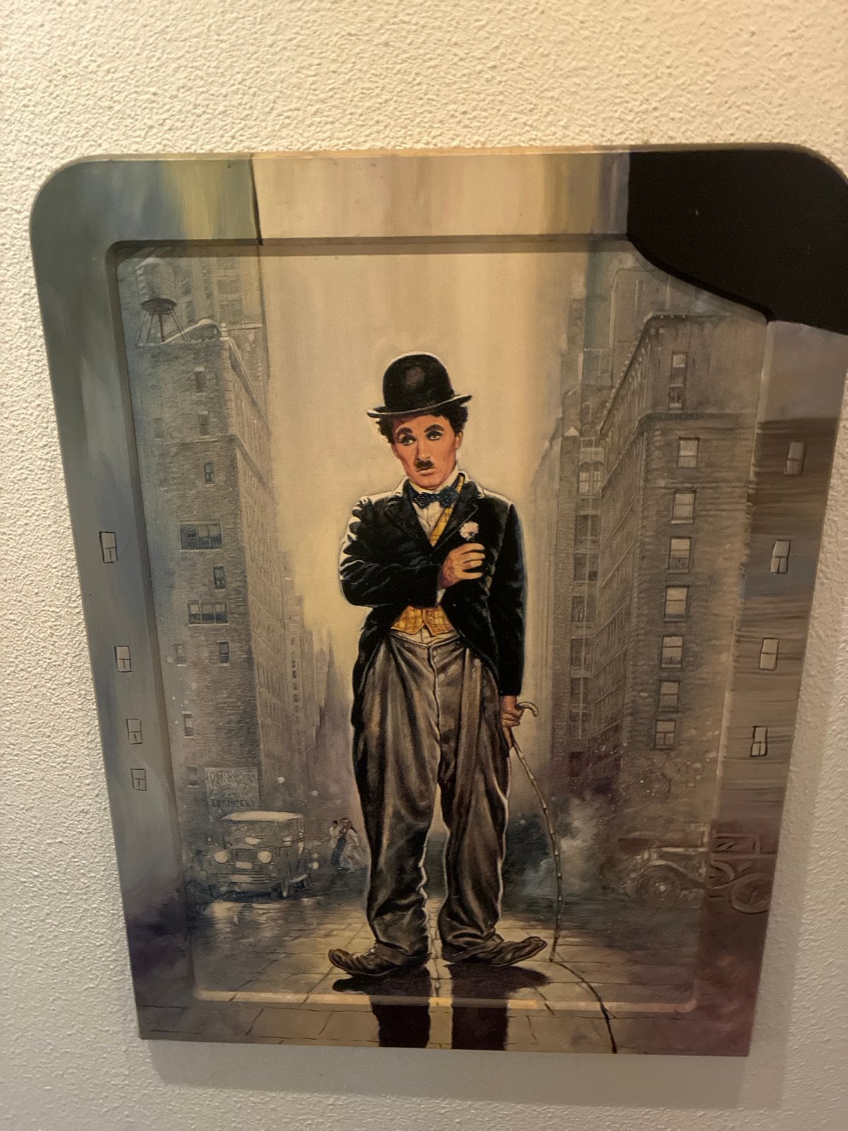 Uniek Houten Kunstwerk Charlie Chaplin met Lijst, Ophalen, Wanddecoratie, 1 meter - 2 meter, Hout