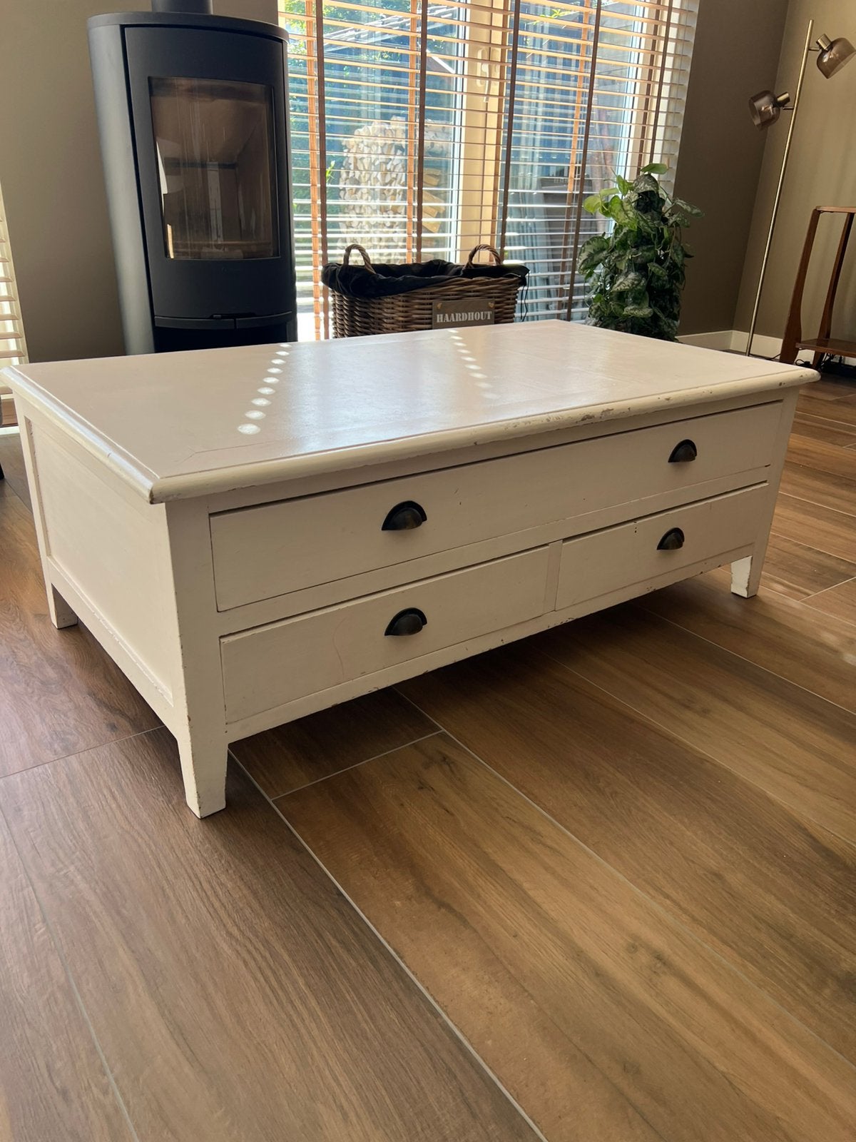 Salontafel hout wit/ creme, Ophalen, Overige materialen, Gebruikt, 100 tot 150 cm