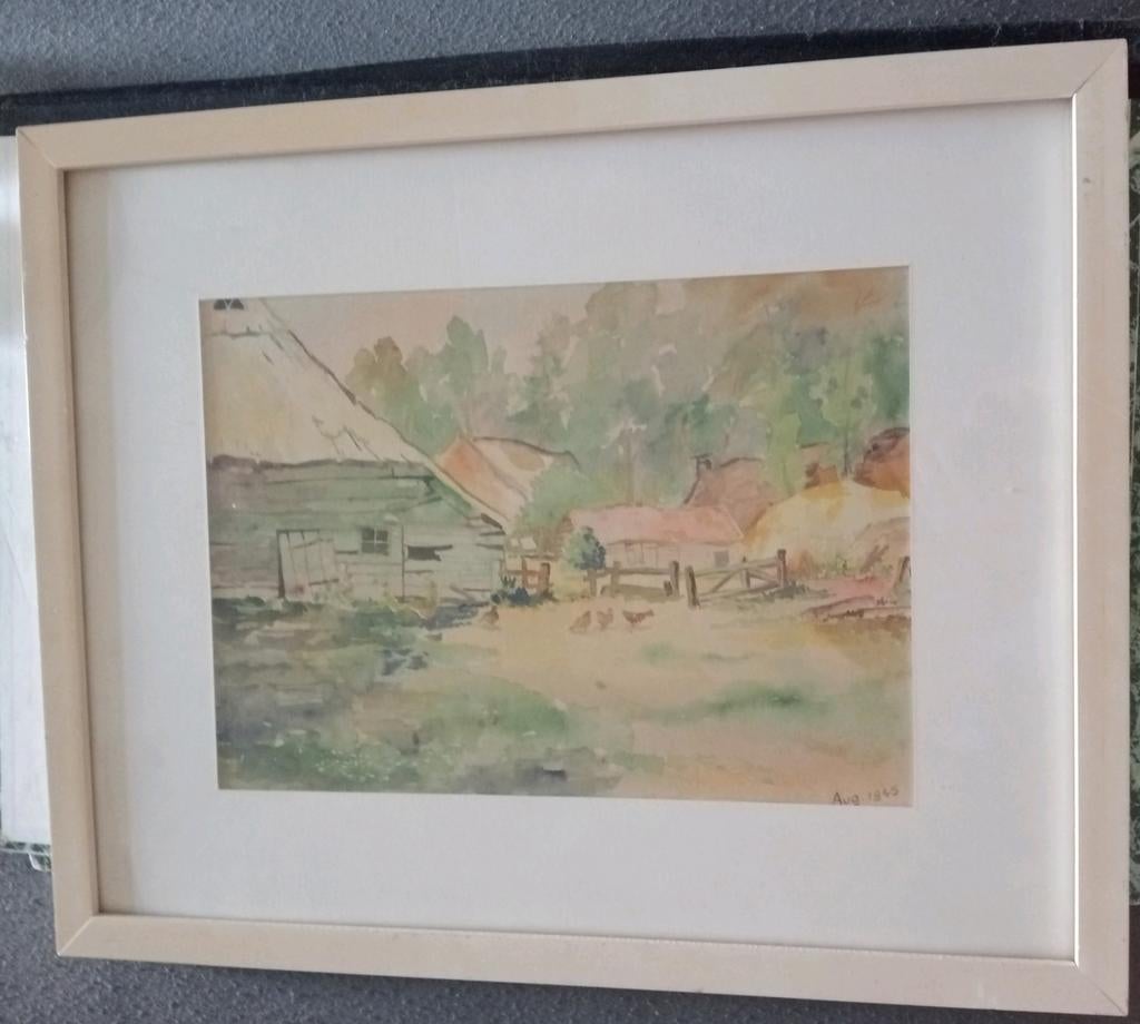 Aquarel boerderij met kippen Hollandse/Haagse school stijl, Ophalen of Verzenden