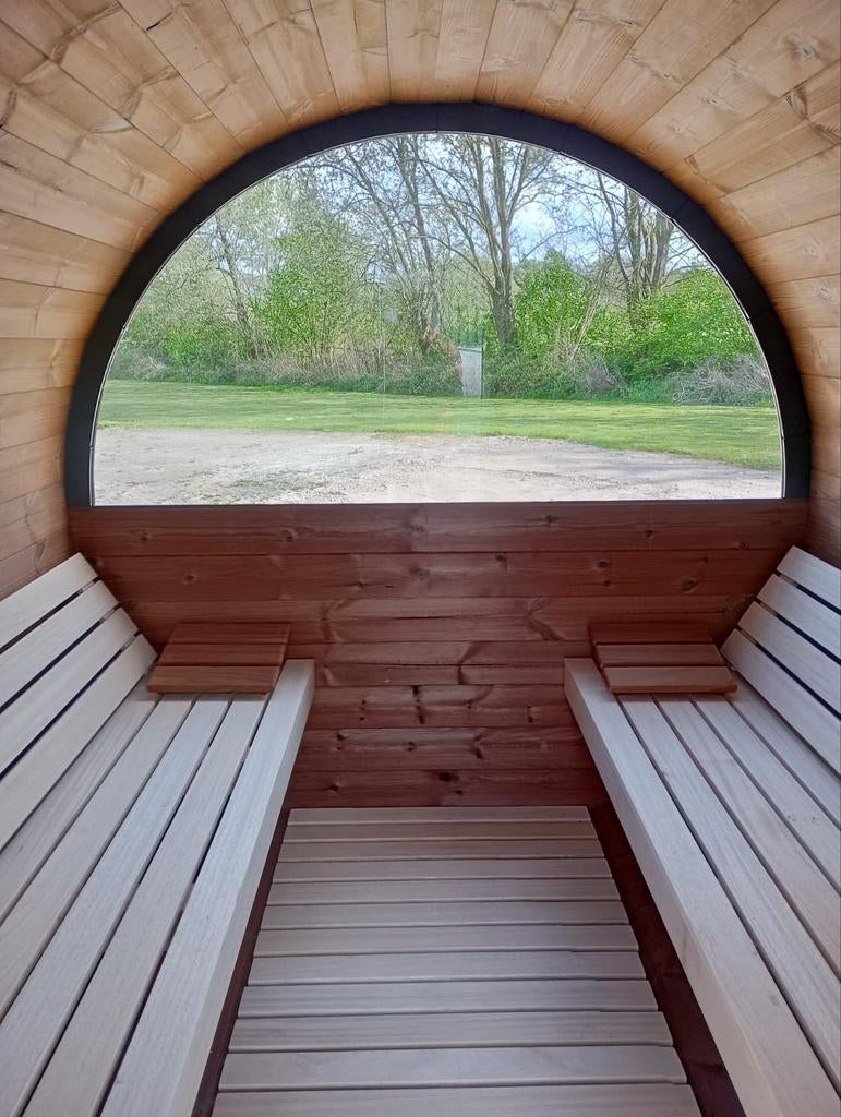 Thermohout panorama barrel sauna 300 cm, terras, abachi bank, Sport en Fitness, Sauna, Ophalen, Fins of Traditioneel, Wellnessandgarden