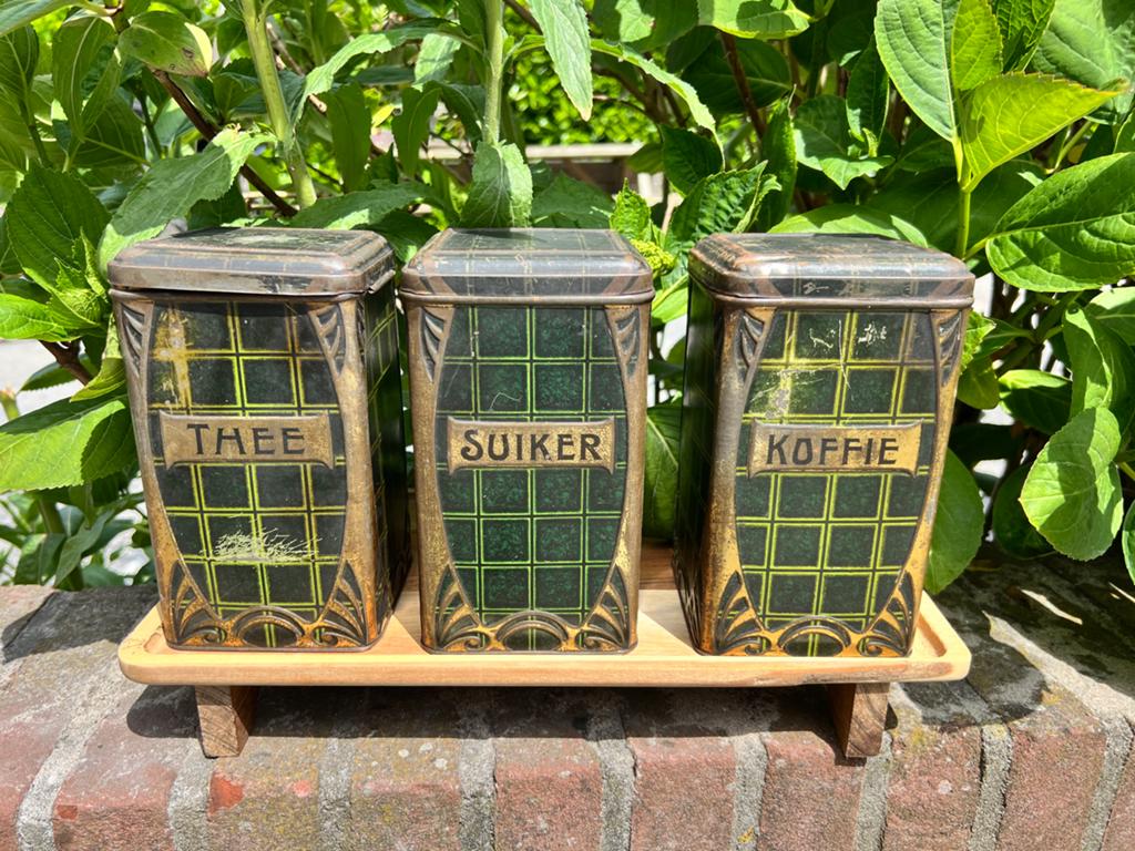 Art Deco Blikken Set Thee, Suiker, Koffie - Wed. J. Bekkers, Verzamelen, Blikken, Ophalen of Verzenden