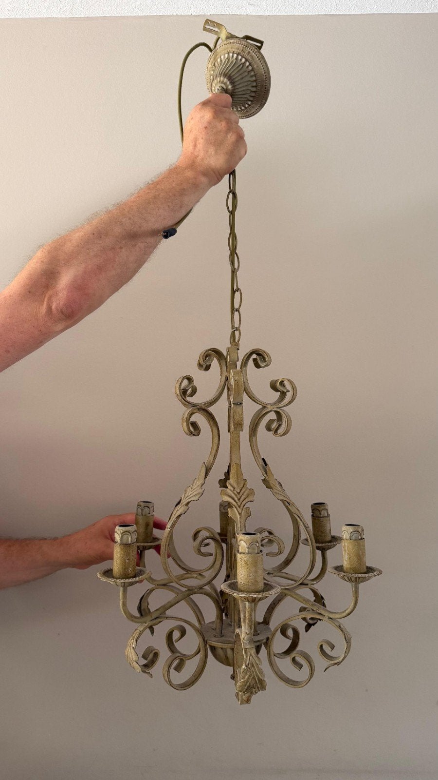 Brocante Kroonluchter - Smeedijzeren Hanger met 6 Lichten, Huis en Inrichting, Lampen | Kroonluchters, Ophalen, E14 (klein), Zo goed als nieuw