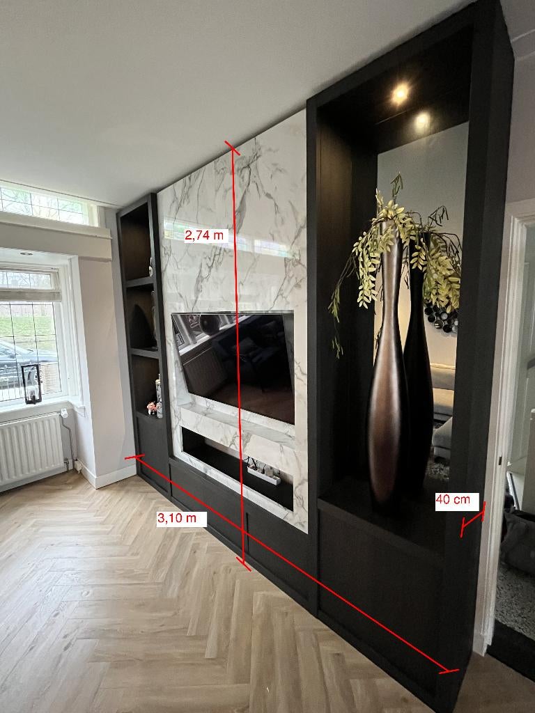 Luxe maatwerk cinewall / wandkast – marmerlook – 3,10m breed, Huis en Inrichting, Kasten | Televisiemeubels, Ophalen, Gebruikt