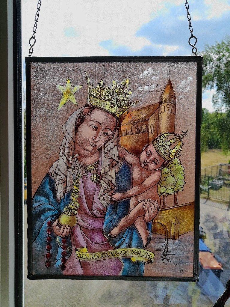 Antiek glas in lood Heilige Maria Sterre der Zee 23x30cm GvP