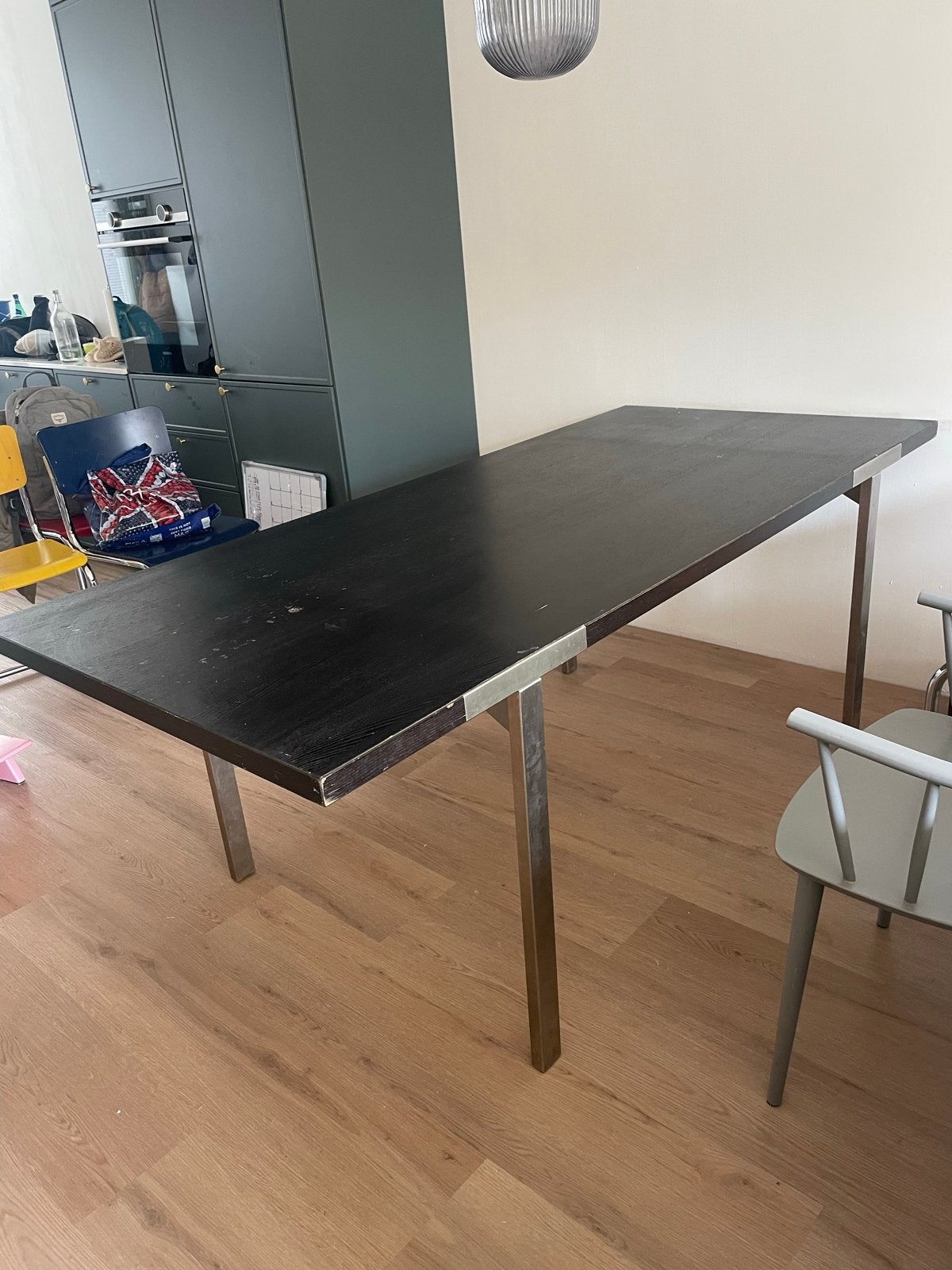 Eettafel hout met metalen poten 90x198cm, Ophalen, Gebruikt, 50 tot 100 cm, 150 tot 200 cm