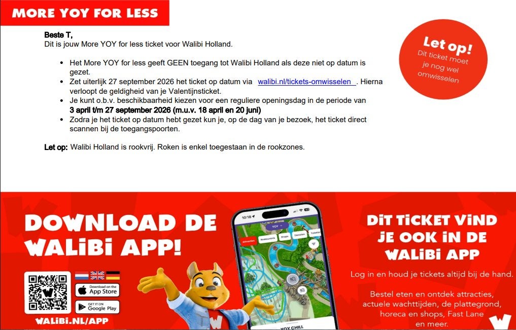 walibi ticket (1x, nog op datum te zetten (<27 september)), Eén persoon, Ticket of Toegangskaart
