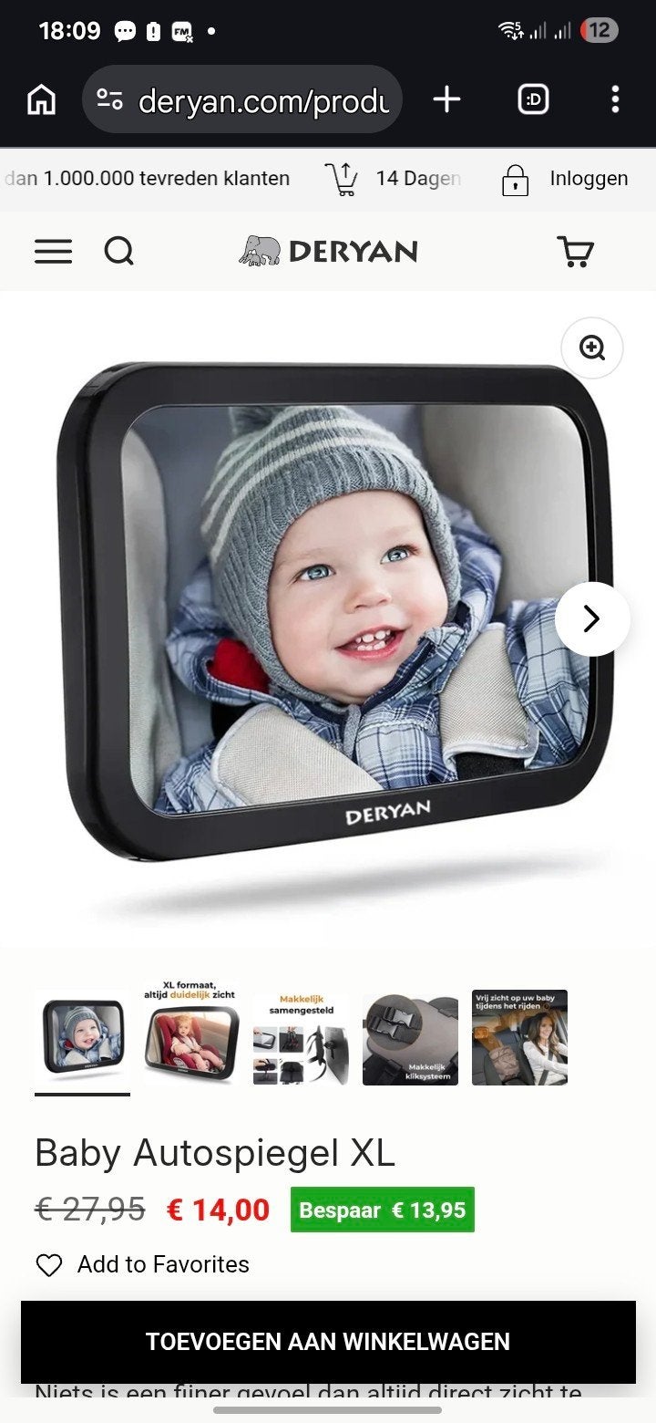Deryan Baby Autospiegel XL - Veiligheid en Zicht, Kinderen en Baby's, Overige merken, Overige methoden, Nieuw, Ophalen of Verzenden