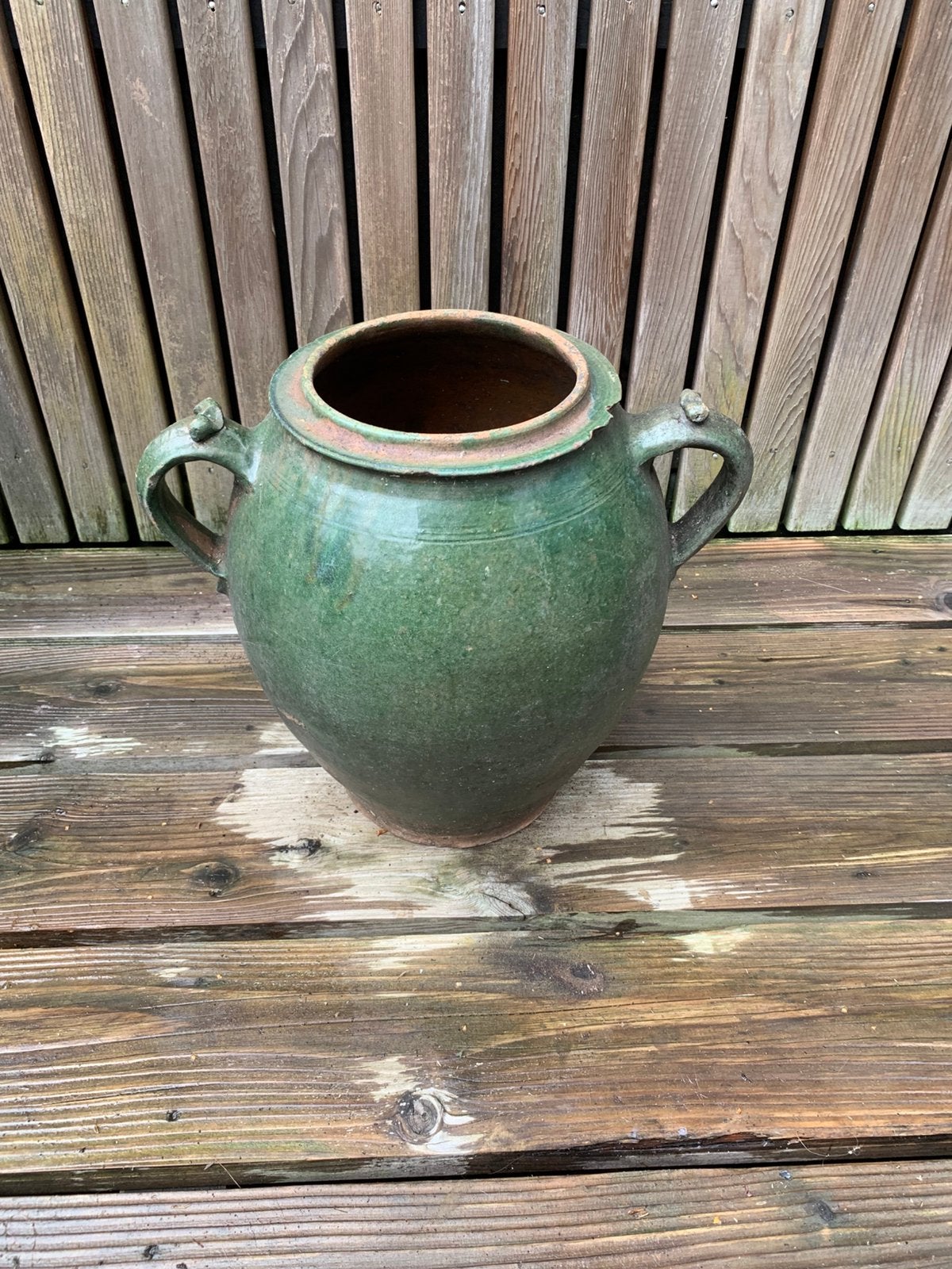 Antieke franse confit pot, groene glazuur., Ophalen