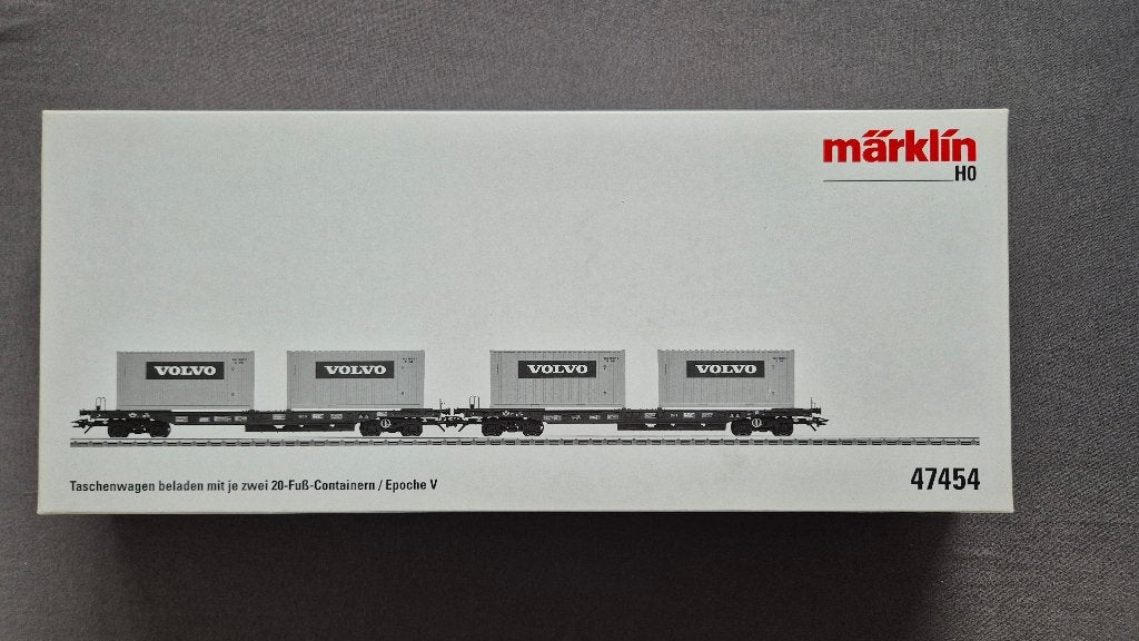 Märklin 47454 H0 - Containerdraagwagenset Volvo' van de SJ, Wisselstroom, Brug, Tunnel of Gebouw, Ophalen of Verzenden, Zo goed als nieuw