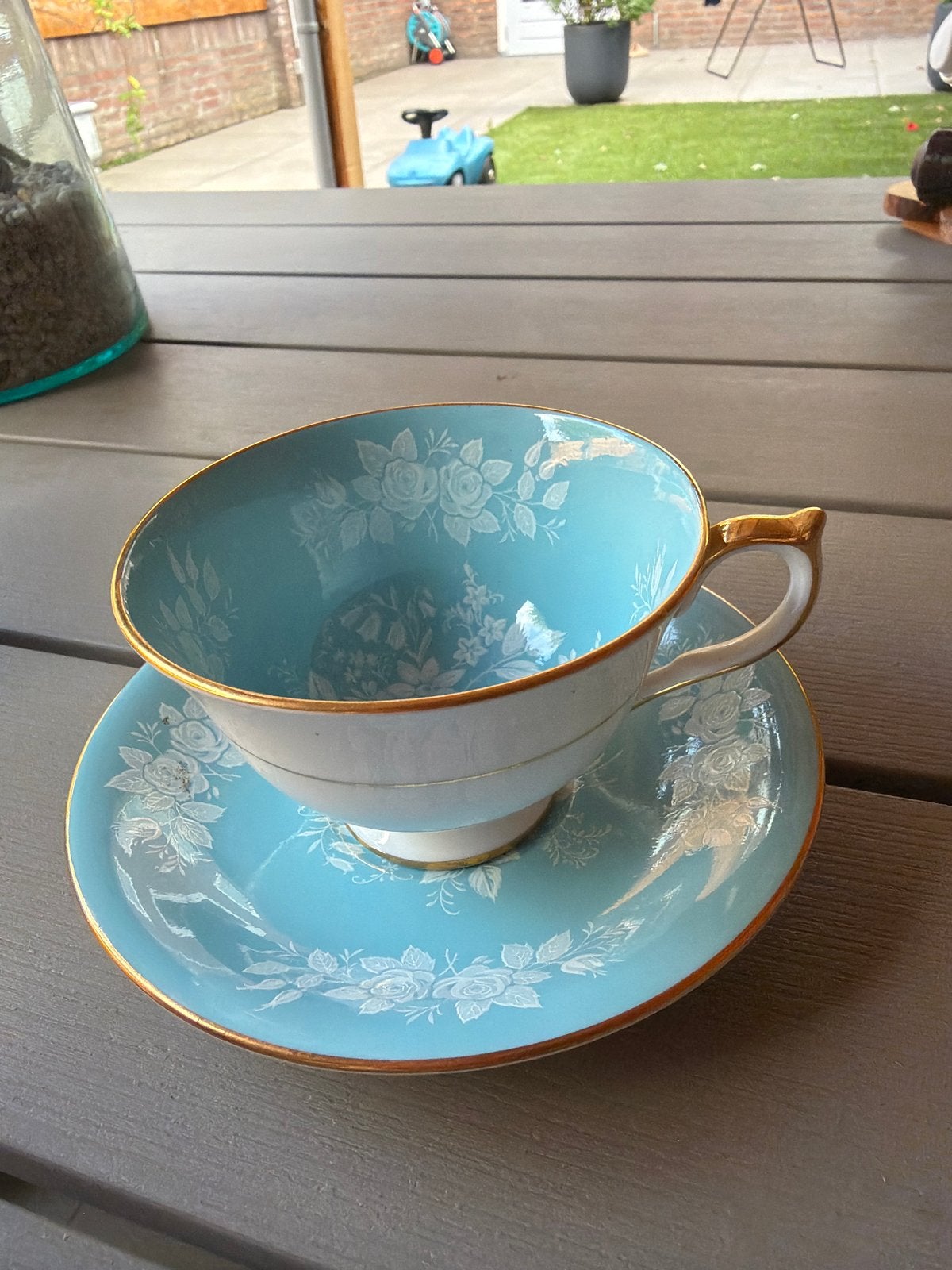 Aynsley Porseleinen Theekop en Schotel - Turquoise/Goud, Ophalen