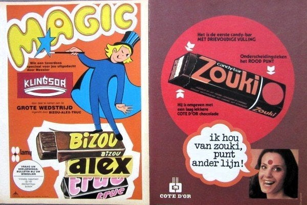 35 vintage advertentie reclame chocoladereep 70-80 chocolade, Ophalen of Verzenden, Gebruikt, Reclamebord