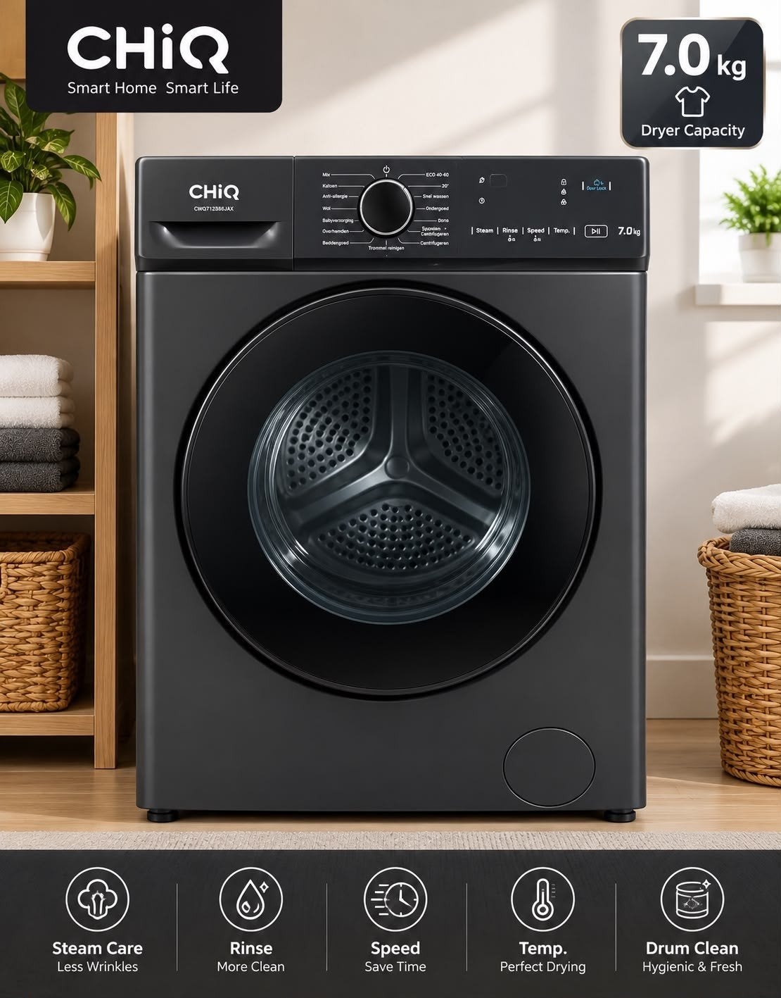 Chiq Wasmachine 7 kg Compact Zwart - Modern Design, Ophalen of Verzenden