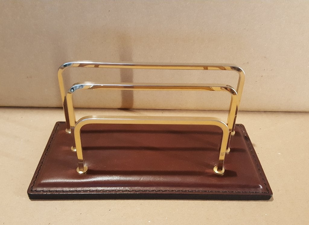 Vintage ILG brievenhouder - leder + messing - Adnet-stijl, Gemerkt, Ophalen of Verzenden, 10 cm, Bruin