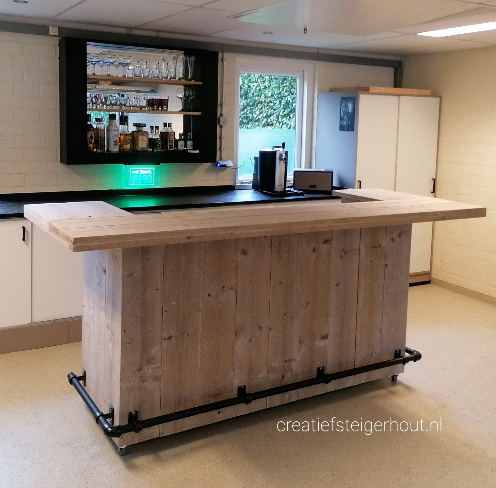 Steigerhouten bar buis zwart mancave koelkast balie toonbank, Verzenden, Nieuw