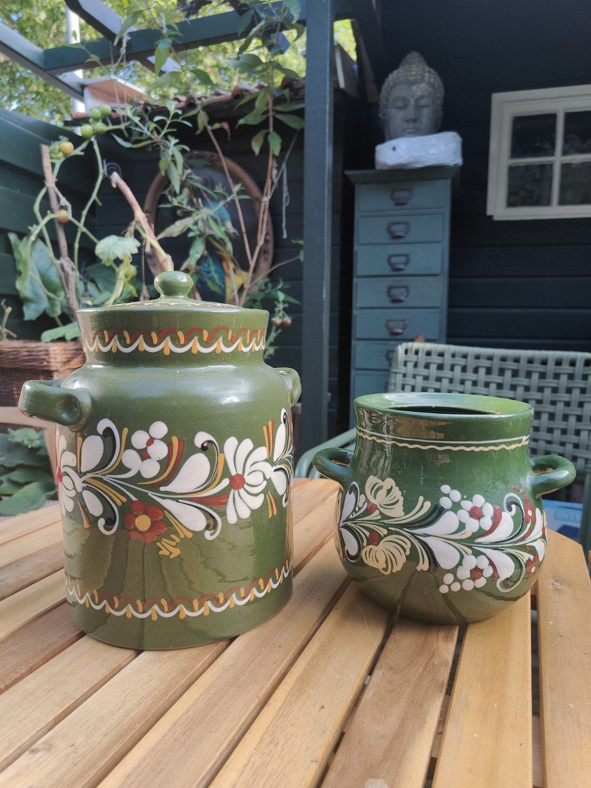Set van 2 vintage aardewerk potten met bloemmotief, Ophalen of Verzenden