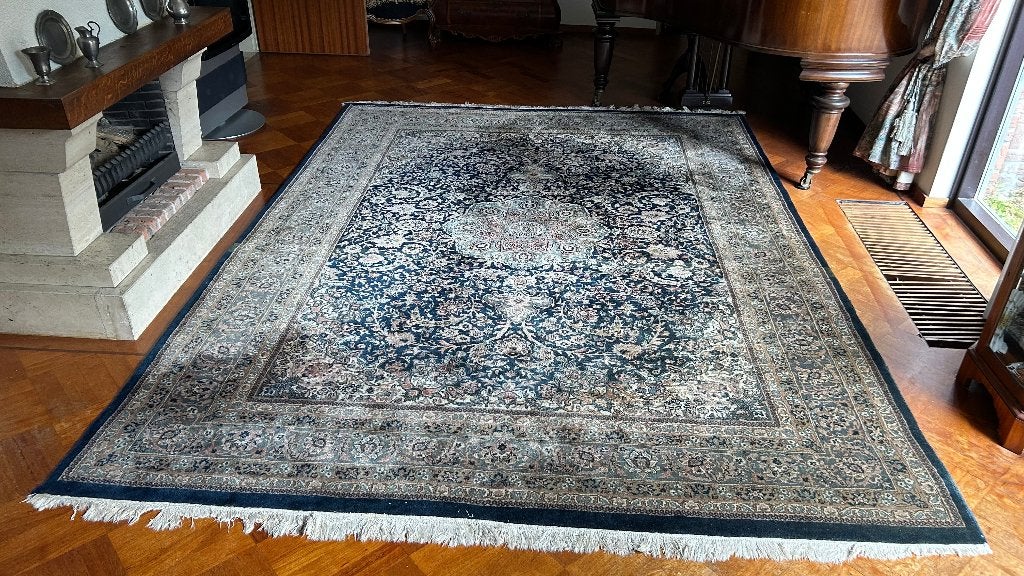 Prachtig Perzisch Keshan tapijt, donkerblauw klassiek, Ophalen, Gebruikt, Blauw, 200 cm of meer