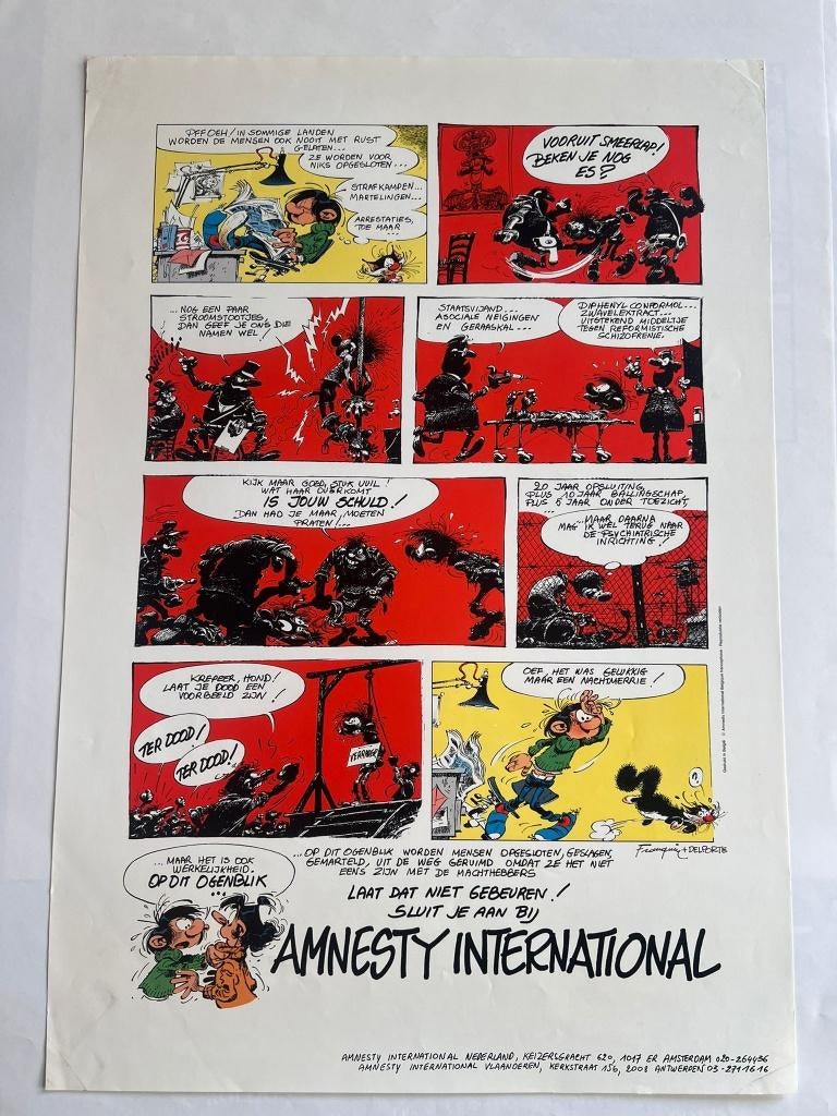 Guust Flater poster Amnesty International Franquin topstaat, Verzamelen, Posters, Zo goed als nieuw, Overige onderwerpen, A1 t/m A3