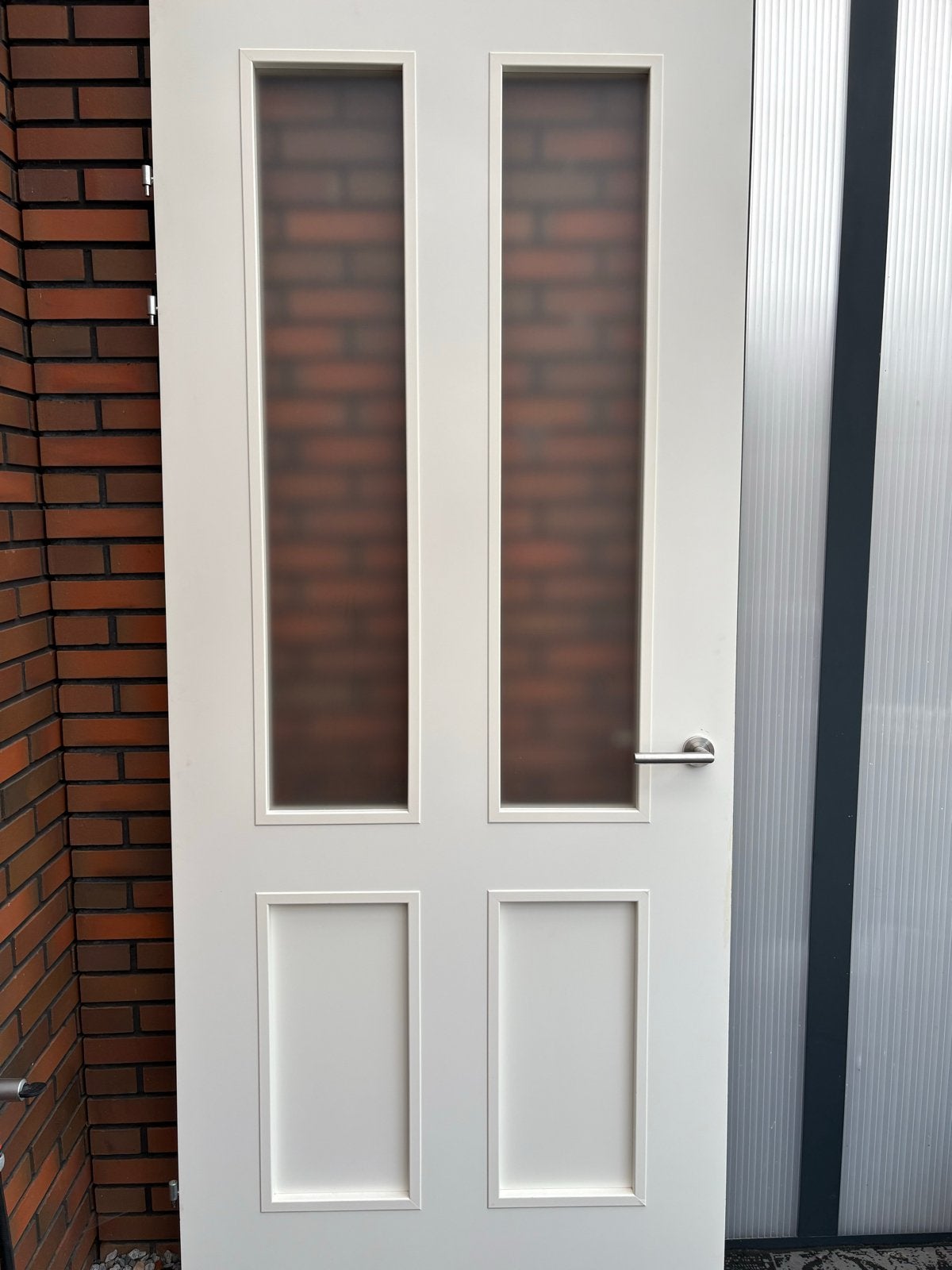 Opdekdeur met glas en beslag, 231.5x95.5 cm, Doe-het-zelf en Verbouw, Deuren en Horren, Gebruikt, 80 tot 100 cm, 215 cm of meer