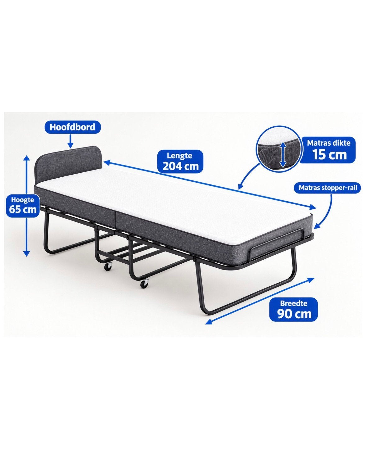 Vito Opklapbed 90x200 – Vouwbed Logeerbed met 15 cm Matras, 90 cm, Eenpersoons, Verzenden, Nieuw