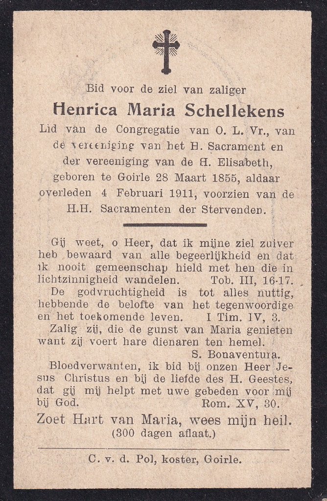 Schellekens Henrica 1855 Goirle 1911, Ophalen of Verzenden, Bidprentje